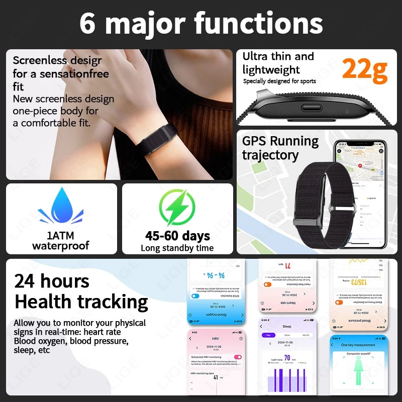 No Screen Smart Watch Men and Women Heart Rate and Blood Pressure Multi-function Health Fitness 1ATM Waterproof 100+ Sport Mode Bracelet for Unisex